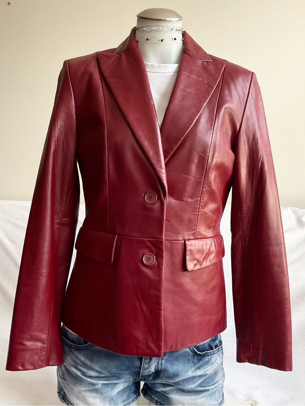Kenneth Cole Reaction | Y2K 100% Leather Burgundy Oxblood Blazer Jacket | S